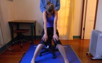 This is Roger Baril working with a client teaching flexsion of the spine. This is to re-educate the habituation of the startle reflex. It is a part of undulation movement of the spine. this is effective with low back pain, thoracic or mid back pain and shoulder girdle pain as well.